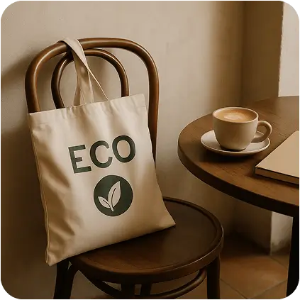 An eco tote placed on a chair or beside a table at a cozy coffee shop. There’s a cup of coffee, a book or a laptop nearby. The setting is minimal and aesthetic, evoking slow lifestyle and conscious choices.