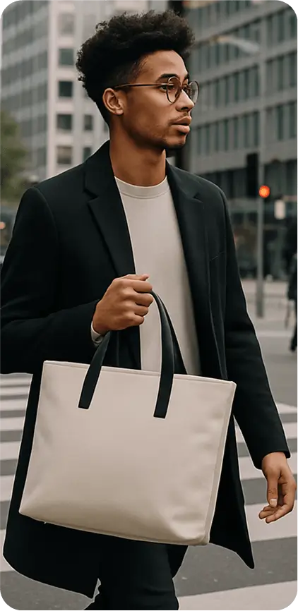 A city scene where a stylish person carries a tote bag while crossing a street or standing at a crosswalk. Urban backdrop, bicycles, pedestrians, and modern architecture in the background. The bag is modern, clean,