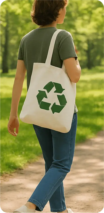 A person walking through a park or nature trail carrying an eco-friendly tote bag on their shoulder. Casual outfit, spring or summer scenery, with trees, grass, and soft shadows. The bag moves naturally as part of 