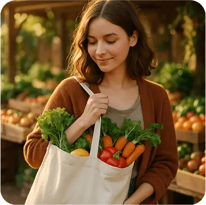 A young woman holding a large eco tote bag filled with fresh vegetables and fruits at a local farmer's market. Warm sunlight, cozy atmosphere, background with wooden crates and greenery. The tote has a simple, natu